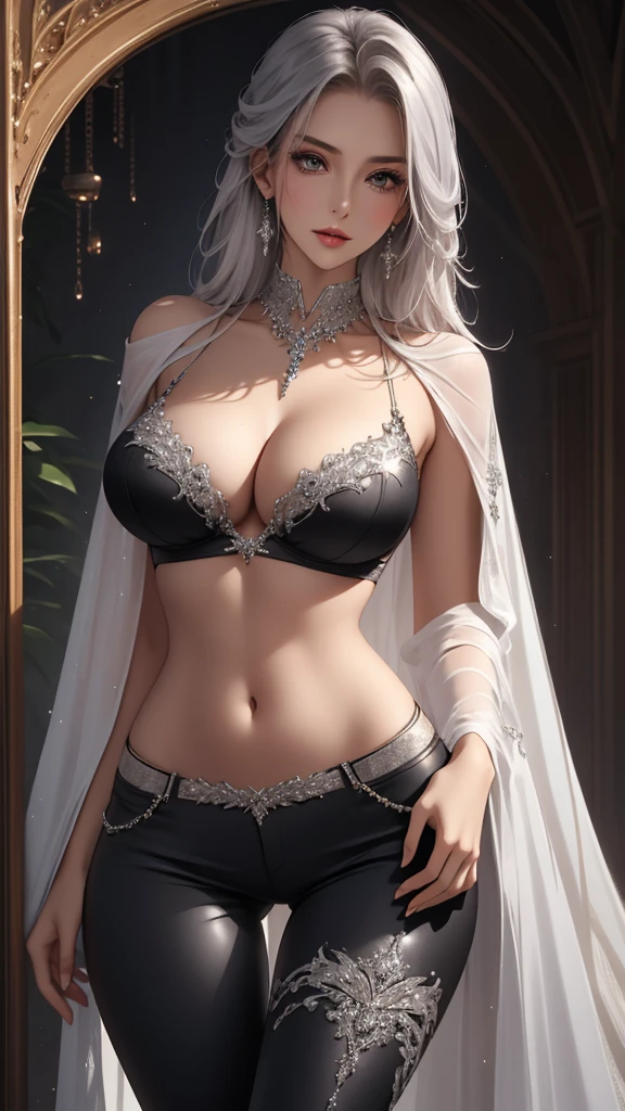 Best quality, masterpiece, realistic, Beautiful sexy cool tall, slim, fit woman, wearing fancy silver-white sequin bra  top and black pants, intricate and highly detailed, cleavage, long silver hair, body chain, jewelry.