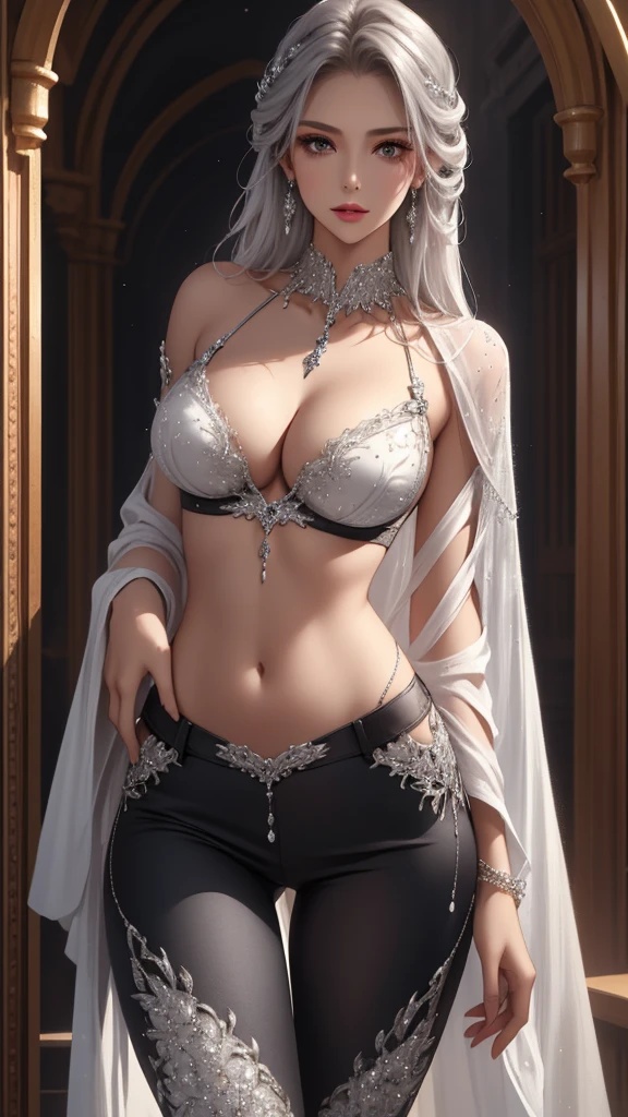 Best quality, masterpiece, realistic, Beautiful sexy cool tall, slim, fit woman, wearing fancy silver-white sequin bra  top and black pants, intricate and highly detailed, cleavage, long silver hair, body chain, jewelry.