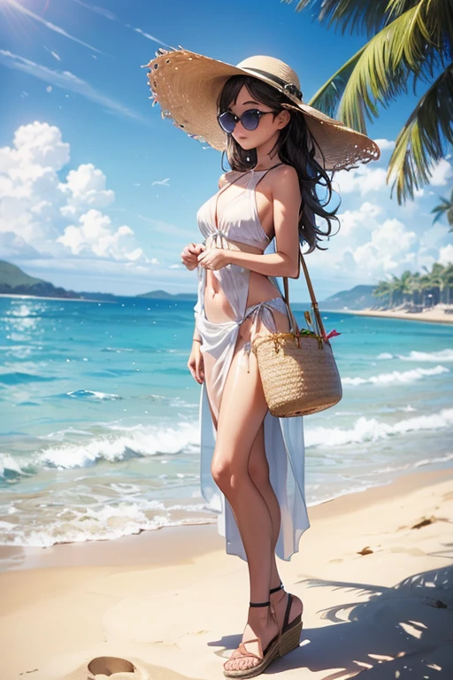 A woman standing by the water’s edge, whether on a serene beach or by a sparkling pool. She’s wearing an effortlessly chic ensemble, such as a stylish one-piece swimsuit or a flowy, elegant cover-up. She accessorizes with a wide-brimmed sunhat, oversized sunglasses, and a lightweight, sheer sarong or beach wrap. A pair of strappy sandals or espadrilles and a sophisticated beach bag complete her look. The background includes the calm waves, sunlit sand, or the poolside’s sleek design, enhancing the relaxed yet fashionable vibe.