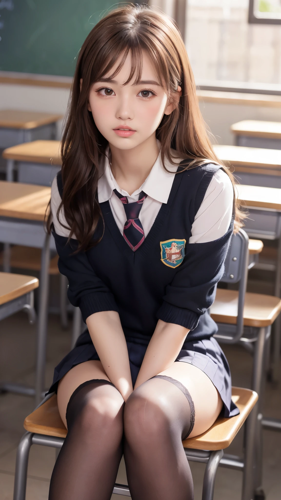 (Showing off panties:1.2), (Professional portrait, Realistic and perfectly shaped subjects:1.3), (masterpiece, highest quality:1.2), (Realistic, Ultra-realistic, Realistic:1.3), (ultra High resolution), High resolution, Intricate details, Super detailed, (Highly detailed CG, unity 8k wallpaper:1.3), Clear image,
break
(1 Japanese girl, 16 years old), (cute, Slender figure), (Perfect Anatomy, Correct limbs:1.2), (Perfect hands), Perfect Arms, Beautiful and delicate face down to the last detail, Beautiful and delicate eye and eye highlights, (Very thin and delicate、not too long lashes), (Captivating eyes, Beautifully detailed eyes and face), light makeup, Pink Lip, Lip gloss, Stylish face, (Shiny skin, Realistic skin detail), Brown Hair, medium chest
break
((school uniform)), (High school girl), (Black socks), shirt open
break
classroom, Sitting in a chair, (Cowboy Shot), break 
(((blush:1.4))), ((Embarrassing:1.4)), (((shy:1.5)))
break
from below
break