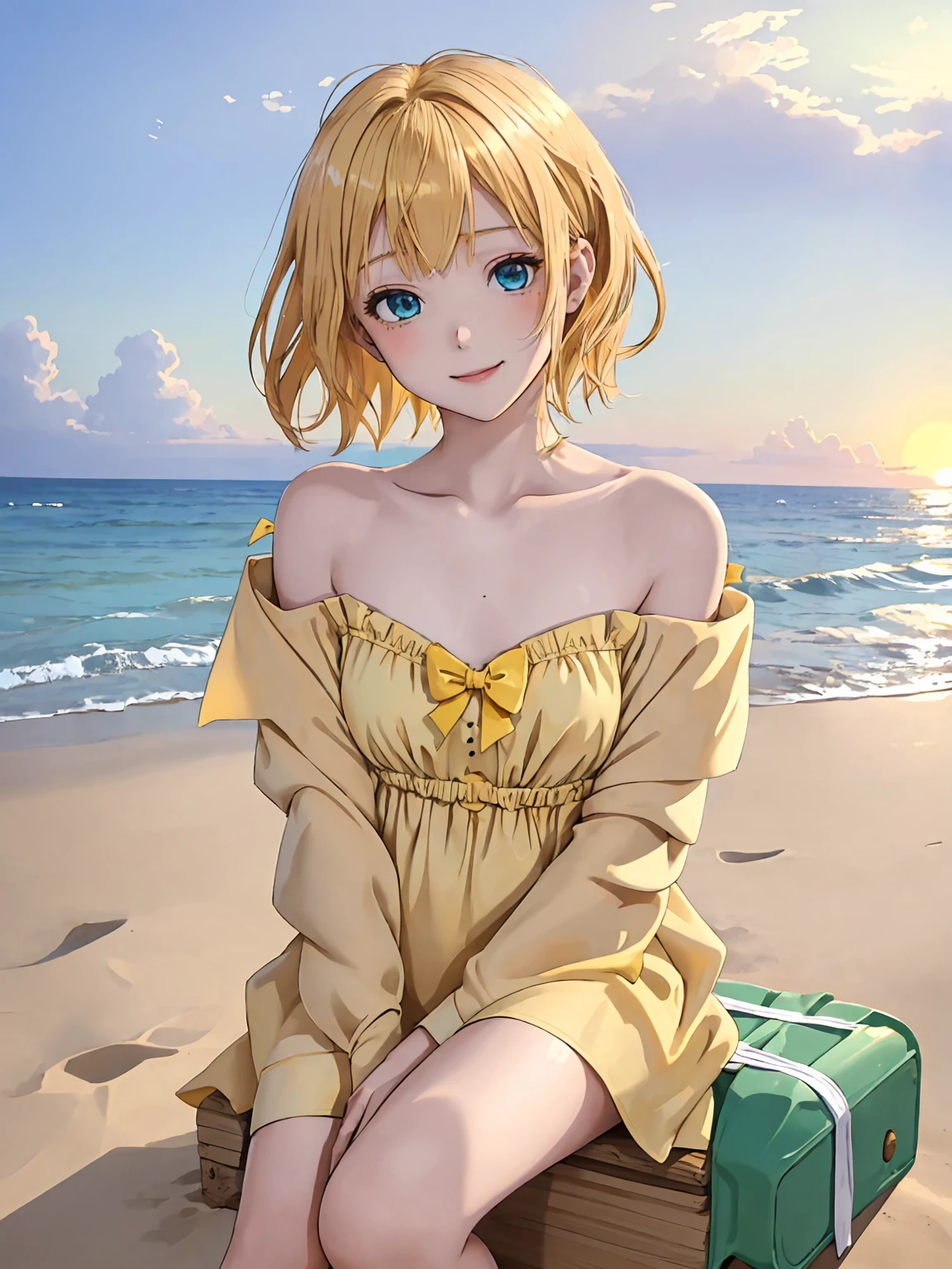 (This is a close-up shot of a young anime girl in a summer dress on the beach:1.4),(solo:1.4),(1girl:1.4),(short blonde hair:1.3),(green eyes:1.2),(yellow sundress:1.3),(barefoot:1.2),(sitting on the beach:1.3),(sandcastle in the background:1.2),(waves in the background:1.2),(sunset sky:1.1), (detailed face:1.3),(beautiful detailed eyes:1.3),(slightly smiling:1.2),(happy relaxed expression:1.3),(rosy cheeks:1.2),(slender body:1.2),(small build:1.3), (masterpiece:1.2),(best quality:1.3),(ultra high res:1.2),(photorealistic:1.1)