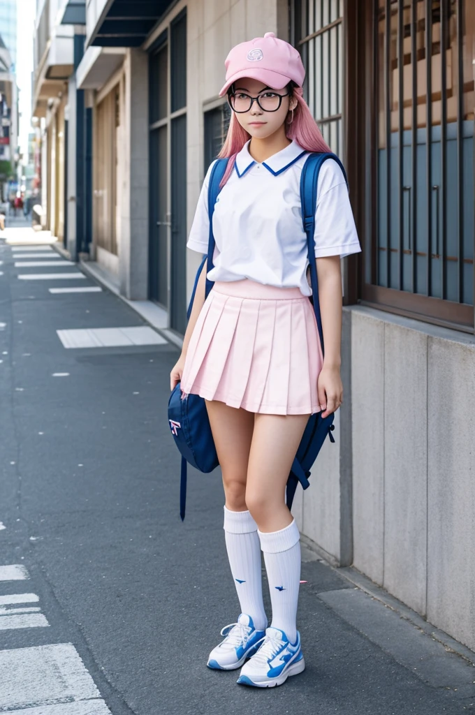 Japanese high school girl, standing on the sidewalk, posing with two fingers in both hands, distant view, pink hair, pink eyes, long hairstyle, wearing a white face mask, wearing a blue cap, wearing glasses with transparent lenses. , blue rims, raw footage, 4k resolution, white gloves, holding dual toy gun, backpack, long blue skirt down to the knee, white socks up to the knee, blue-white sneakers, street and city background, morning, bright blue sky, bright white clouds in random position.