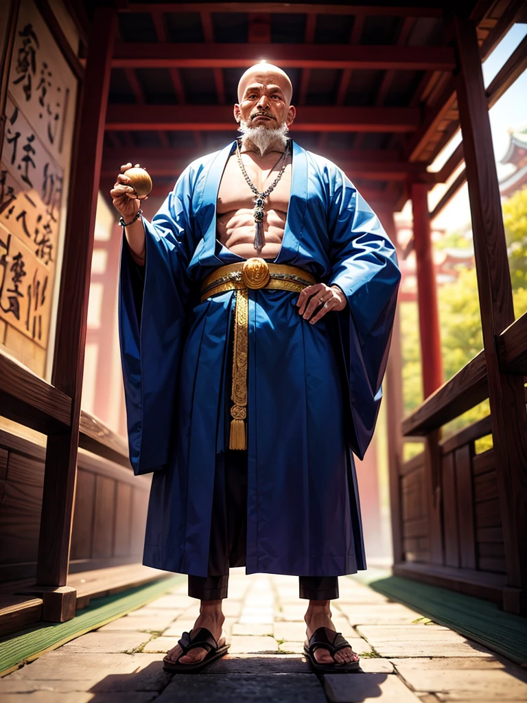 Highest quality,Highest Resolution,An old monk holding a rosary,Temple grounds,Japan,Skinhead,Standing posture,Crystal Jade,Boxing,
