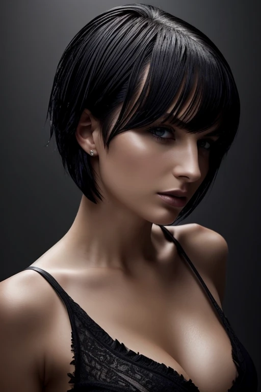 Gorgeous european woman with very short hair, short hair with fringe, wet hair, hair slicked back, combed straight back, slick hair, streaked black hair, seductive pose, kirsten bell, torn ragged clothes, cleavage, solid dark grey background