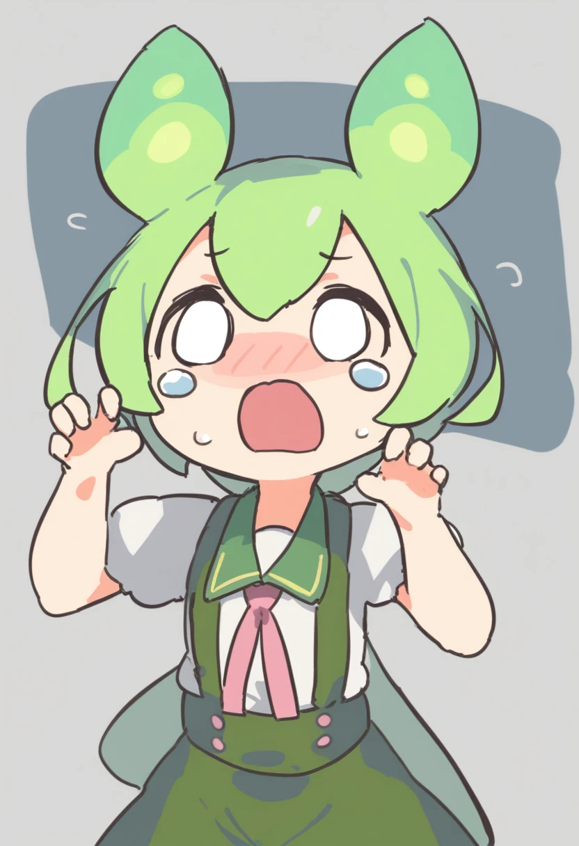 One girl,Zundamon,Voice Box ,Green Hair,、Wide open mouth、Surprised、Jaw detached、Are crying、Funny Face,Simple white background、No text