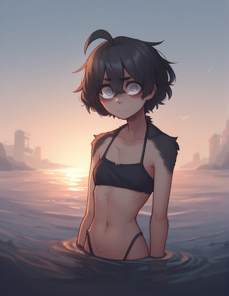 1 girl, alone, ppka, black fur, short hair, messy fur, Ahoge, parts, parts por todo el cuerpo, grey eyes, blind kind eyes, very nervous, looking at the viewer, playa, black bikini, playing in the beach