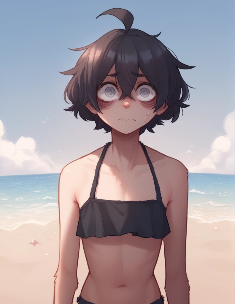 1 girl, alone, ppka, black fur, short hair, messy fur, Ahoge, parts, parts por todo el cuerpo, grey eyes, blind kind eyes, very nervous, looking at the viewer, playa, black bikini, playing in the beach
