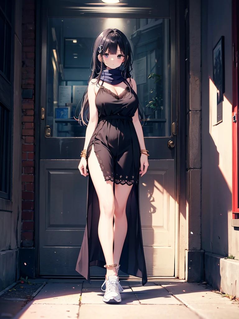 1girl,,legwear,,anklet,black hair,straight_hair,hime cut,long hair,sneakers,huge filesize,scarf,lace,halter_dress,