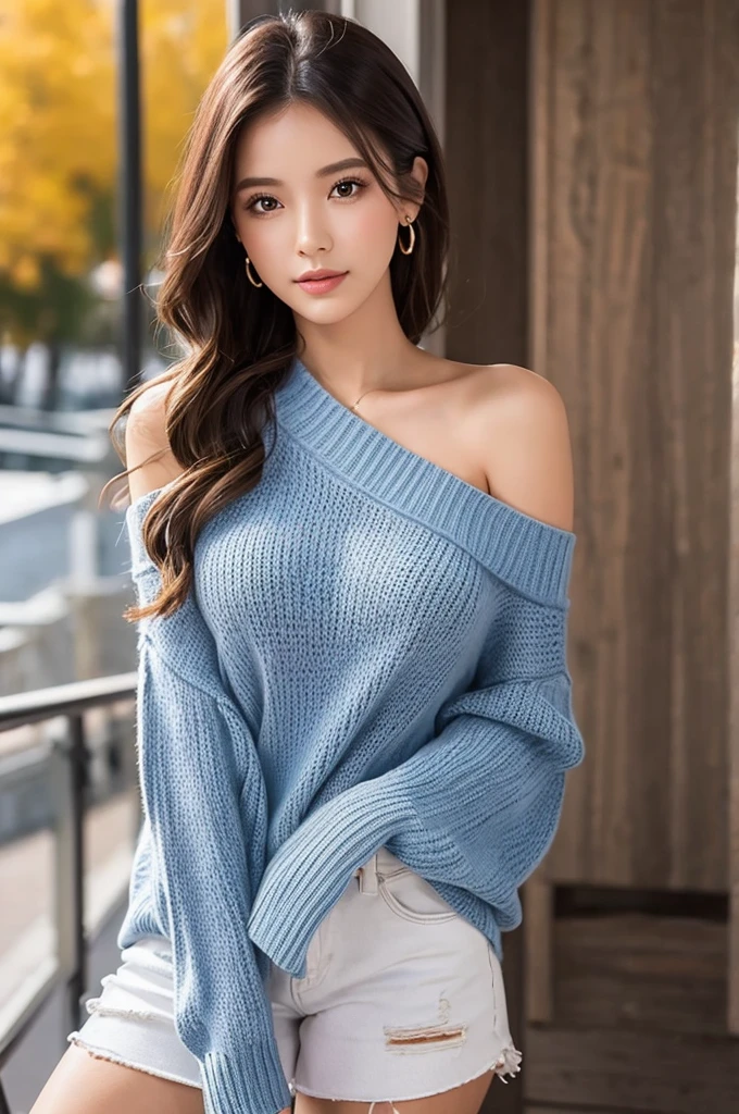 ((Highest quality)), ((masterpiece)), (detailed), One girl, Off-the-shoulder sweater, 