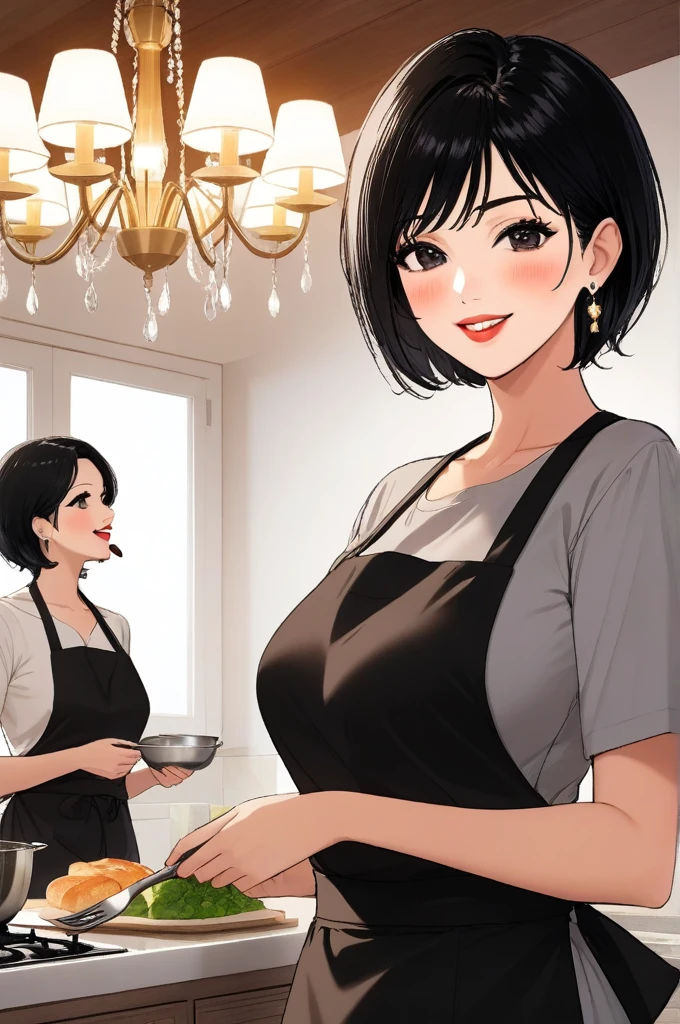 Hot sexy beautiful milf mother in house cooking in kitchen, big heavy long chandelier earrings,black hair,short hair,blush,black eyes, lipstick, black casual pants,apron, smiling