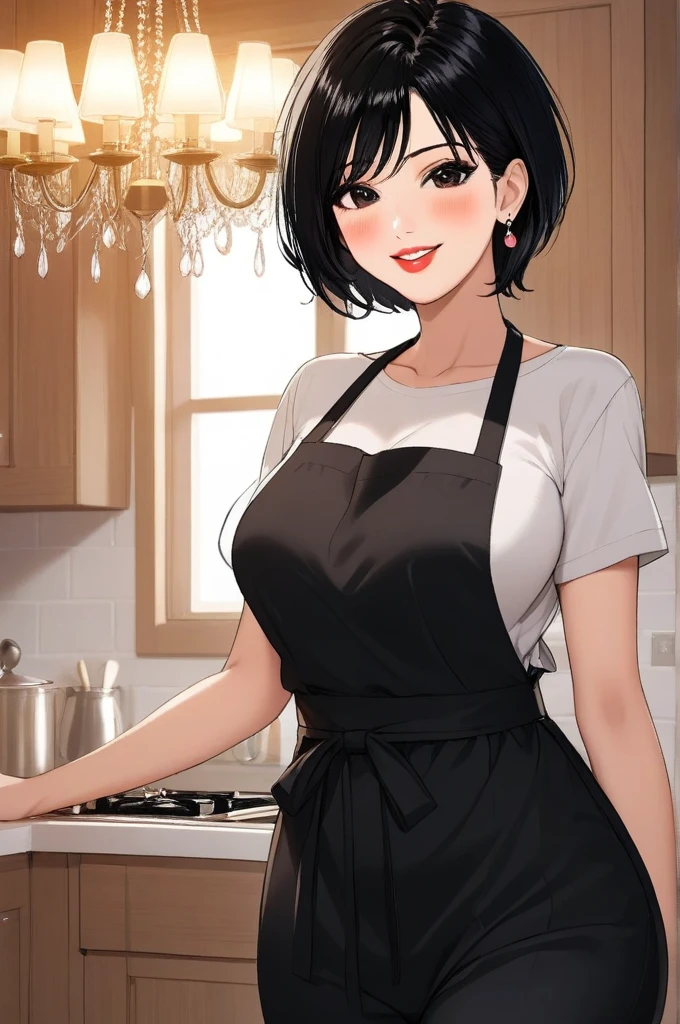 Hot sexy beautiful milf mother in house cooking in kitchen, big heavy long chandelier earrings,black hair,short hair,blush,black eyes, lipstick, black casual pants,apron, smiling