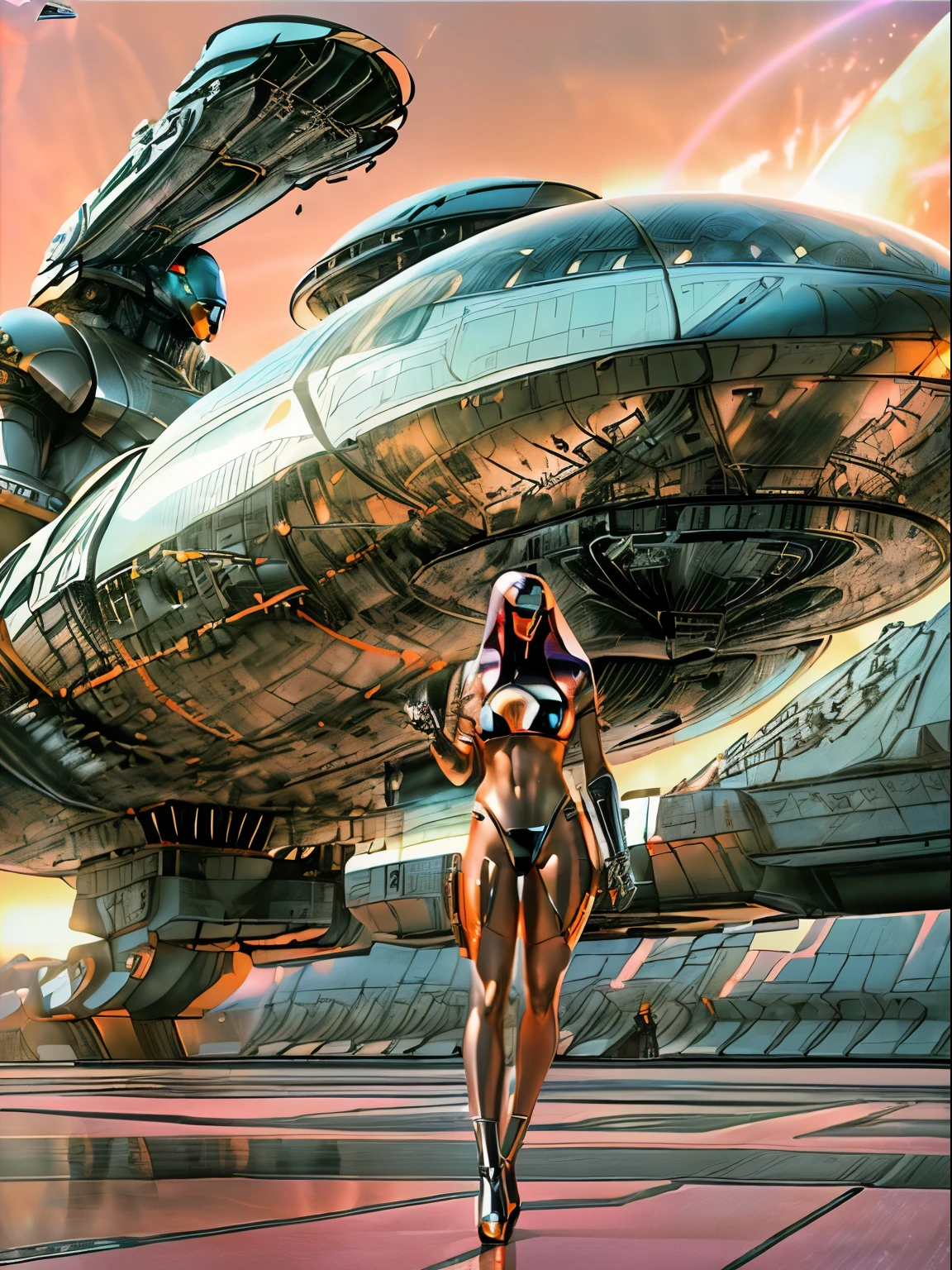 (masterpiece, CGI:1.4), (((low angle shot))), ((women fighting in war wearing ultra thin translucent bikini with gorgeous muscular long legs)), ((pink orange silver black)), prismatic, reflective, ((ultra perfect flowing hairstyle)), (((huge natural breasts, tan lines))), ((perfect radiant skin color)), ((super colourful)), (((cinematic sunset gorgeous skies))), (((detailed spaceship background and incredibly sci-fi retro art masterpiece))), (((1:1 scale proportions))), ((science fiction)), ((chrome spaceships)), (((ultra photorealistic realism))), ((Smooth curves, clean lines, streamlined, functional aesthetics, reflective surfaces, integrated lighting, giant floating spaceships, engraved Egyptian and spiritual motifs)), ((acrylic plastic robot))
