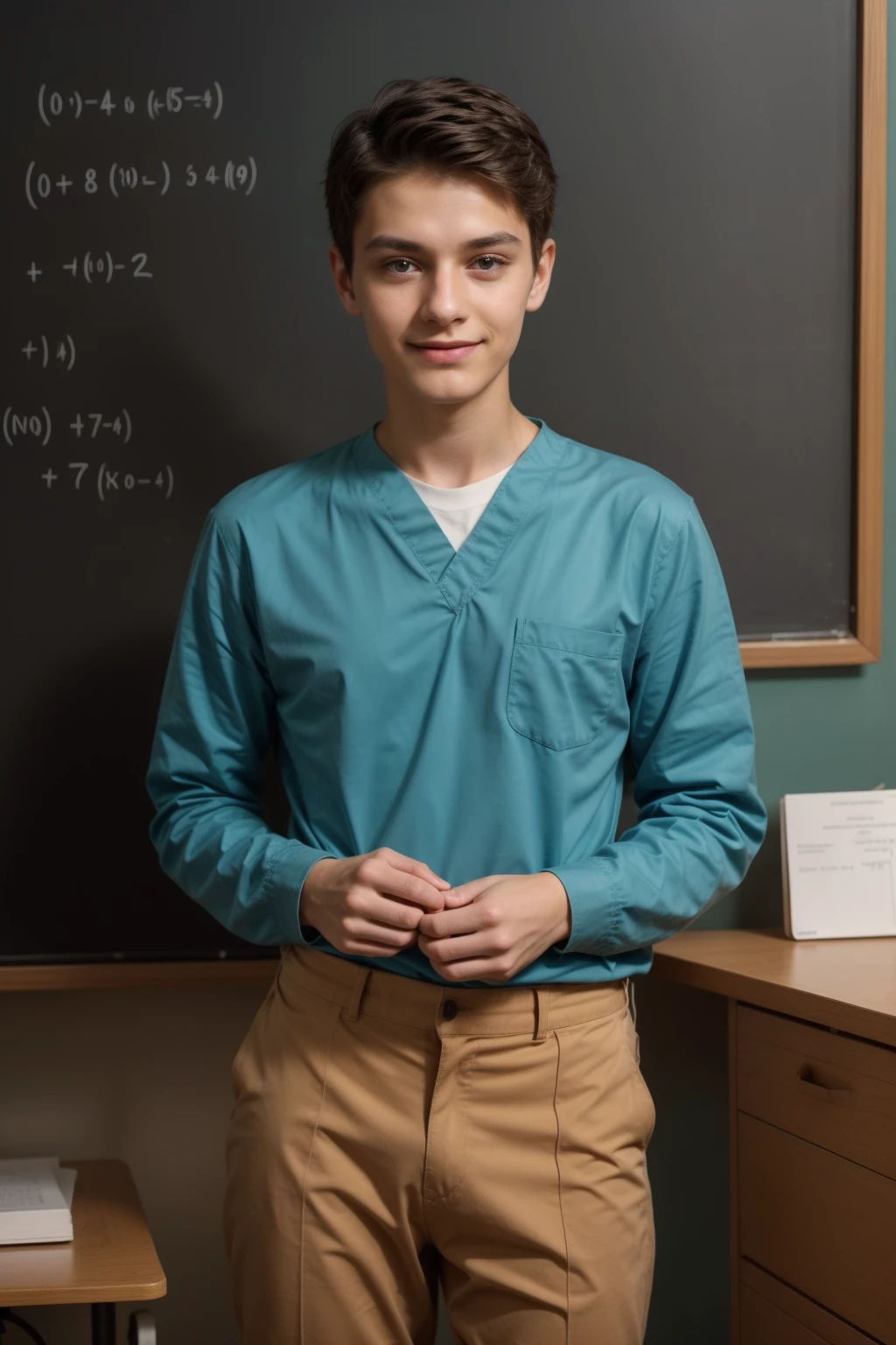 A beautiful young man, a cute male twink, with black hair, a face with reddish make-up, wearing a brown long-sleeved shirt and aqua blue pants. He is in his scientific medical office, and behind him is a blackboard with calculus and mathematical equations written on it, and he looks on proudly.