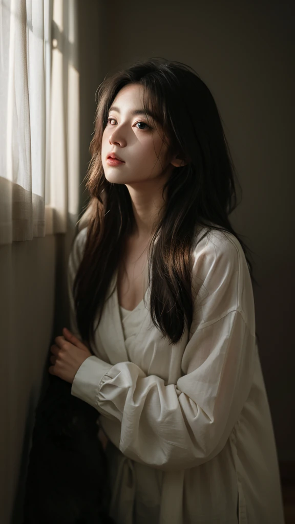 Highest quality, masterpiece, Ultra-high resolution, (Realistically:1.5), RAW Photos, 1 cat, cute, In the light, Deep Shadow, low posture, Cold Light, Sexy Looks, Long Hair