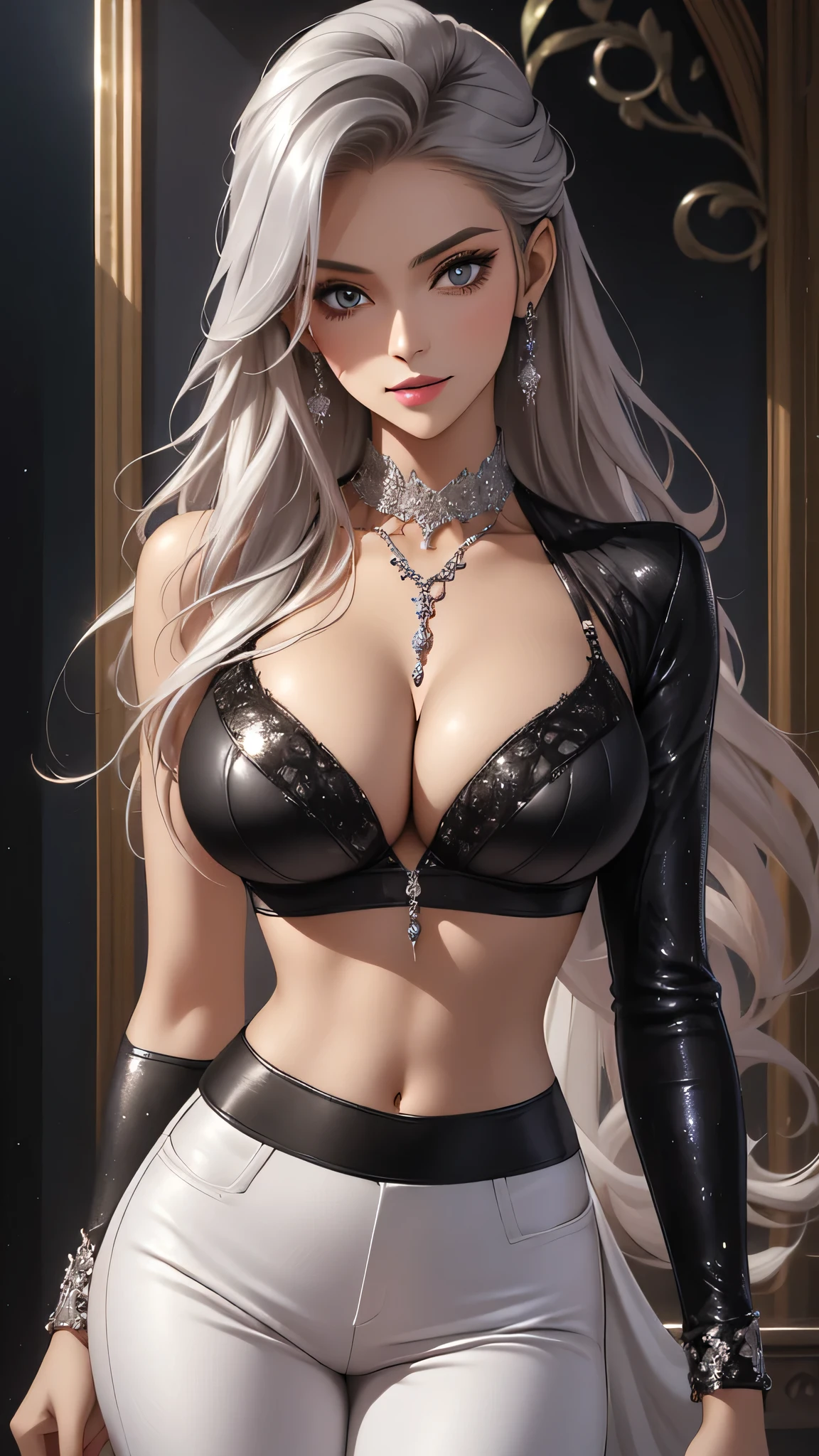 Best quality, masterpiece, realistic, Beautiful sexy cool tall, slim, fit woman, wearing fancy silver-white sequin cropped  top and black pants, intricate and highly detailed, cleavage, long silver hair, body chain, jewelry, perfect breasts, cleavage