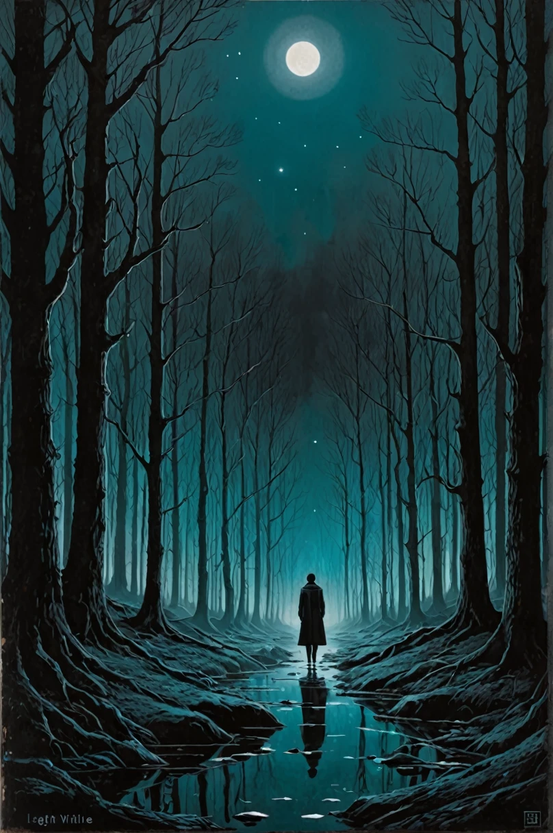 (art by Ignat Bednarik and Leigh Behnke:1.2),
aesthetic of neue wilde with darkness atmosphere,
groundbreaking unrivaled opus with unrivaled details,
(tealblue and silvergray colors:0.1), (balance in center composition:0.1),
