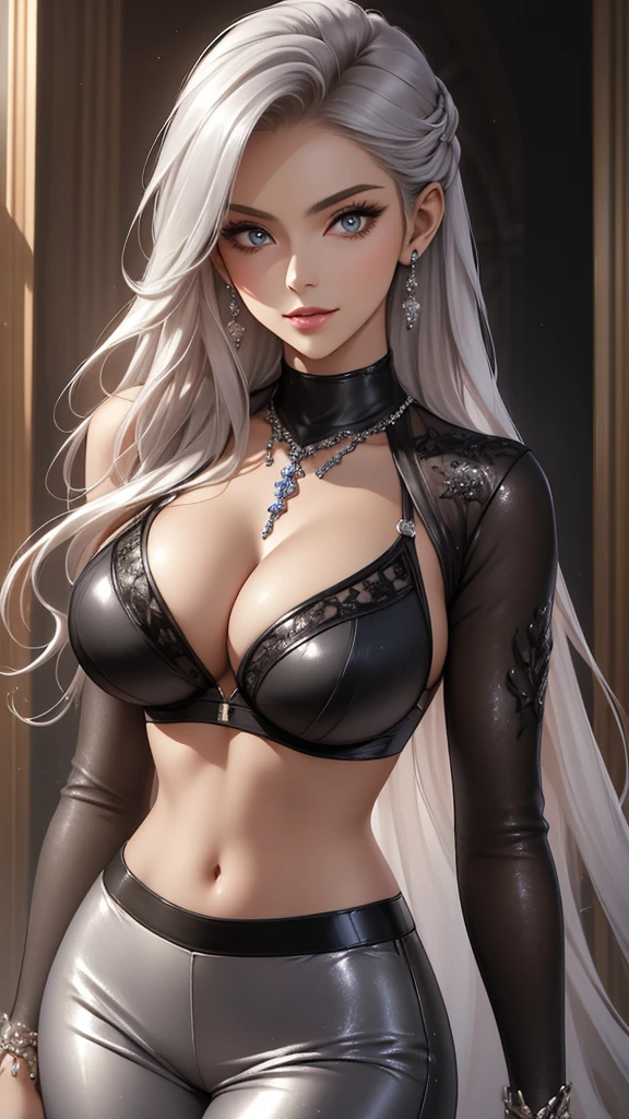 Best quality, masterpiece, realistic, Beautiful sexy cool tall, slim, fit woman, wearing fancy silver-white sequin cropped  top and black pants, intricate and highly detailed, cleavage, long silver hair, body chain, jewelry, perfect breasts, cleavage