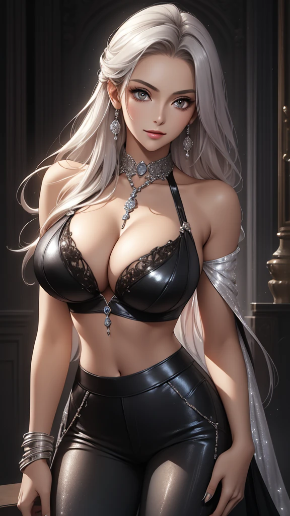 Best quality, masterpiece, realistic, Beautiful sexy cool tall, slim, fit woman, wearing fancy silver-white sequin cropped  top and black pants, intricate and highly detailed, cleavage, long silver hair, body chain, jewelry, perfect breasts, cleavage