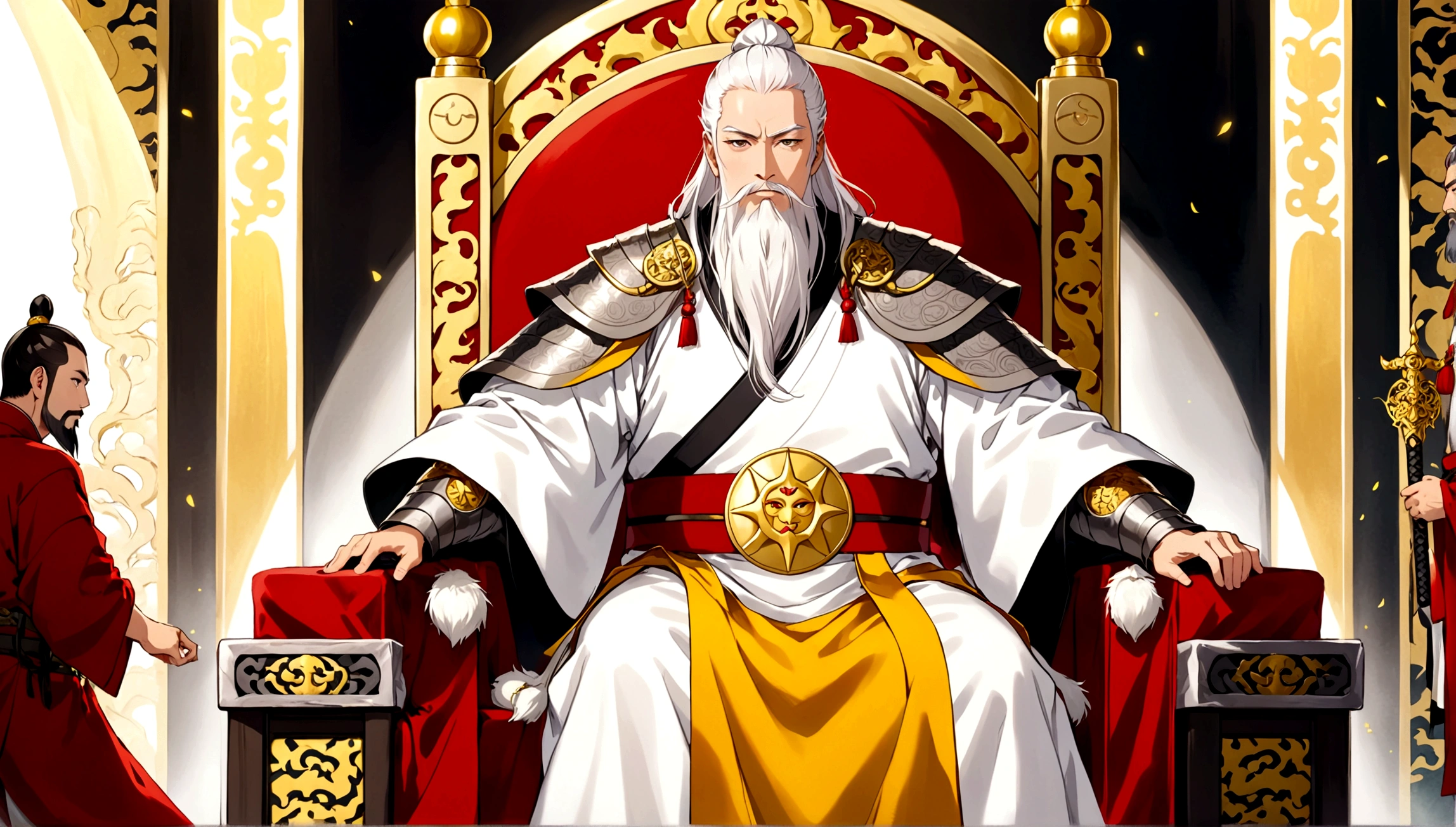 In a gorgeous throne room,There are two middle-aged men。The man has long silver-white hair and thick eyebrows,long white beard,Wearing a golden robe embroidered with dragon patterns,Sitting majestically on a glittering throne。Another man is muscular,have short hair、thick eyebrows and short beard,Wearing armor with a sun symbol and a red belt,Holding a golden sword,Stand in front of the throne。The standing man appears to be protecting the man seated on the throne,There was an air of respect and loyalty between the two.。