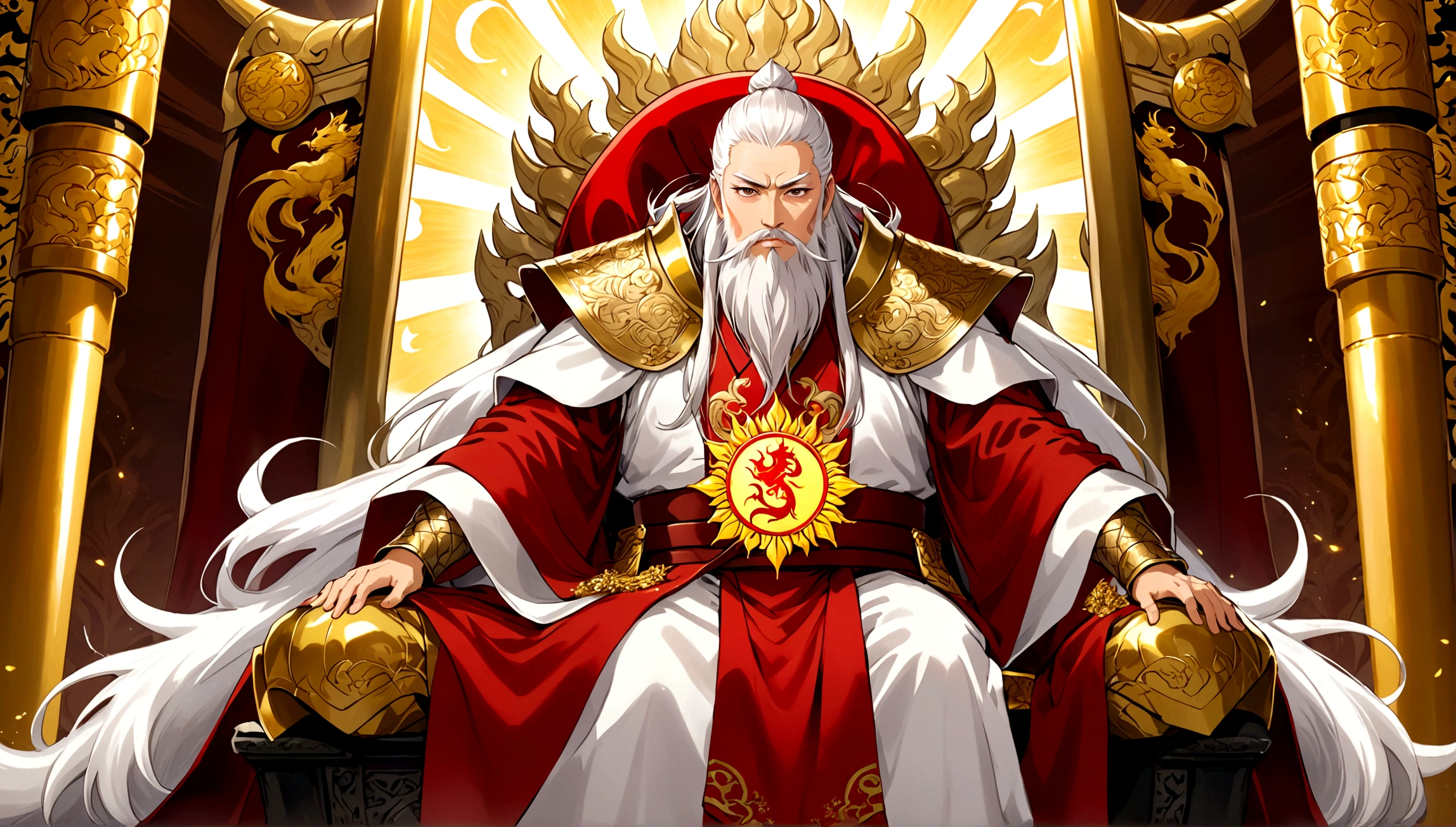 In a gorgeous throne room，There are two middle-aged men。The man has long silver-white hair and thick eyebrows，long white beard，Wearing a golden robe embroidered with dragon patterns，Sitting majestically on a glittering throne。Another man is muscular，have short hair、thick eyebrows and short beard，Wearing armor with a sun symbol and a red belt，Holding a golden sword，Stand in front of the throne。The standing man appears to be protecting the man seated on the throne，There was an air of respect and loyalty between the two.。