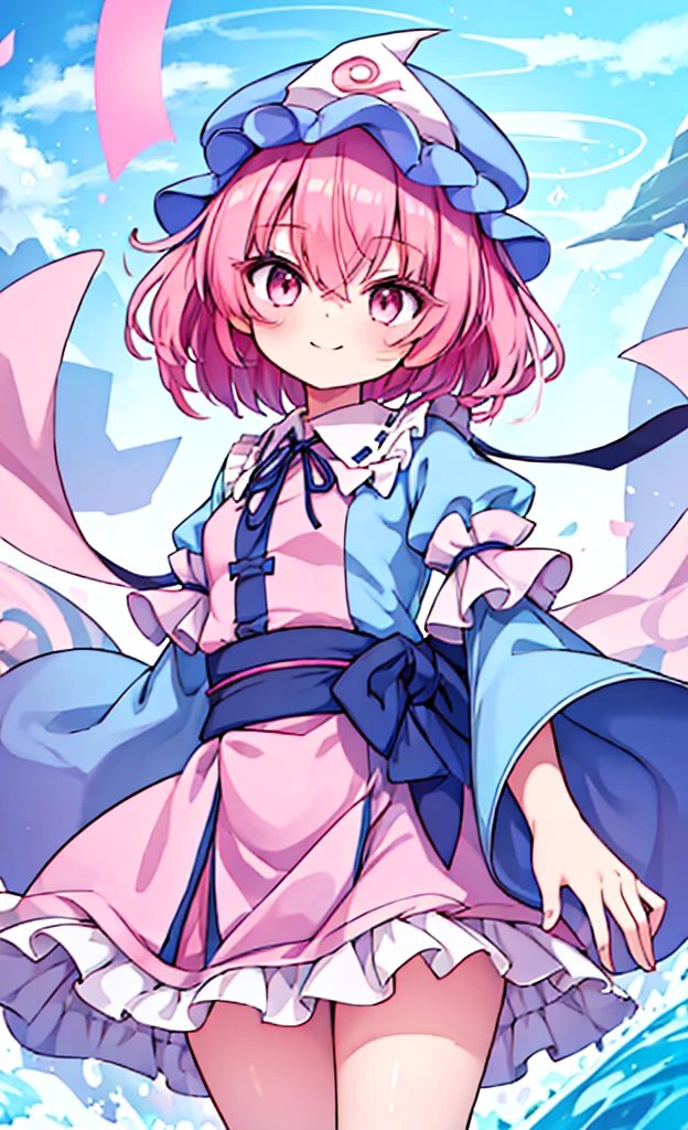 Ultra HD、(hyper very big bust)、((SAIGYOUJI_YUYUKO_TOUHOU))
PINK_HAIR, TRIANGULAR_HEADPIECE, HAT, SHORT_HAIR, PINK_EYES, MOB_CAP, BLUE_HEADWEAR, BANGS, SMILE, HAIR_BETWEEN_EYES, SASH, breast, pink eyes, wavy hair, neck ribbon, black ribbon, obi, long sleeves, wide sleeves, sleeve garter, blue bow, waist bow, On the bed、blush、Lying on your back(clothed:1.5)