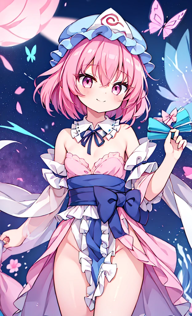 masterpiece,Highest quality,1 Girl,alone,Pokémon-like art style,(bold:1.6),(flat:1.5), SAIGYOUJI_bend down_TOUHOU
PINK_HAIR, triangular_HEADPIECE, HAT, SHORT_HAIR, PINK_eyes, pain_cape, blue_HEADWEAR, bangs, SMILE, HAIR_BETWEEN_eyes, SASH, BREASTS, RIBBON, li, , age down, ,