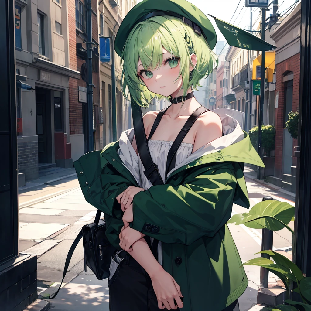 masterpiece, highest quality, highest quality, light green hair, graduated haircut,