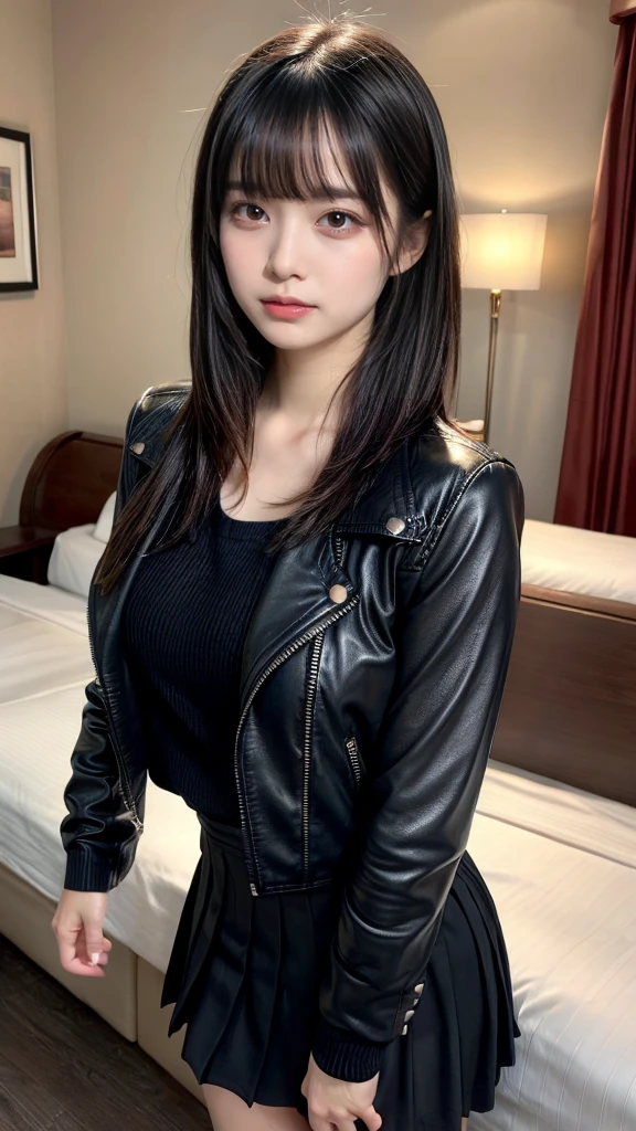 masterpiece, best quality, illustration, Super detailed, fine details, High resolution, 8K,wall paper, perfect dynamic composition, front view, upper body, Upper body only, 18 year old girl, Gravure Idol, cute type, (Details High quality, realistic depiction of eyes:1.3), revealing clothes, straight hair, bangs, black hair color, Dark makeup, Big Natural Color Lip, perfect body shape, plump figure, beautiful clavicle, Black leather jacket, Knit sweater that goes all the way down to the neck, pleated skirt, hotel room