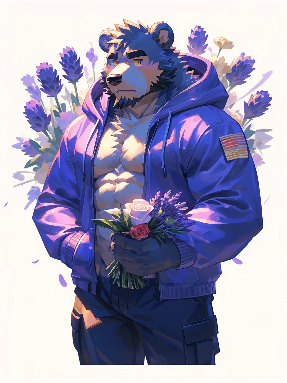 (masterpiece:1.2), best quality,pixiv,official art,perfect anatomy, (Ray tracing, light),solo, (1_male:1.3) , (muscle), (grey fur:1.4), (muscle bear), (beard:1.2), (gleaming golden eyes), bear tail, Thick black eyebrows, (open hoodie :1.3) , (naked inside:1.2), cargo pants, portrait , (white background:1.3) ,(diamond ring on finger:1.3), (holding lavender bouquet:1.3), unhappy