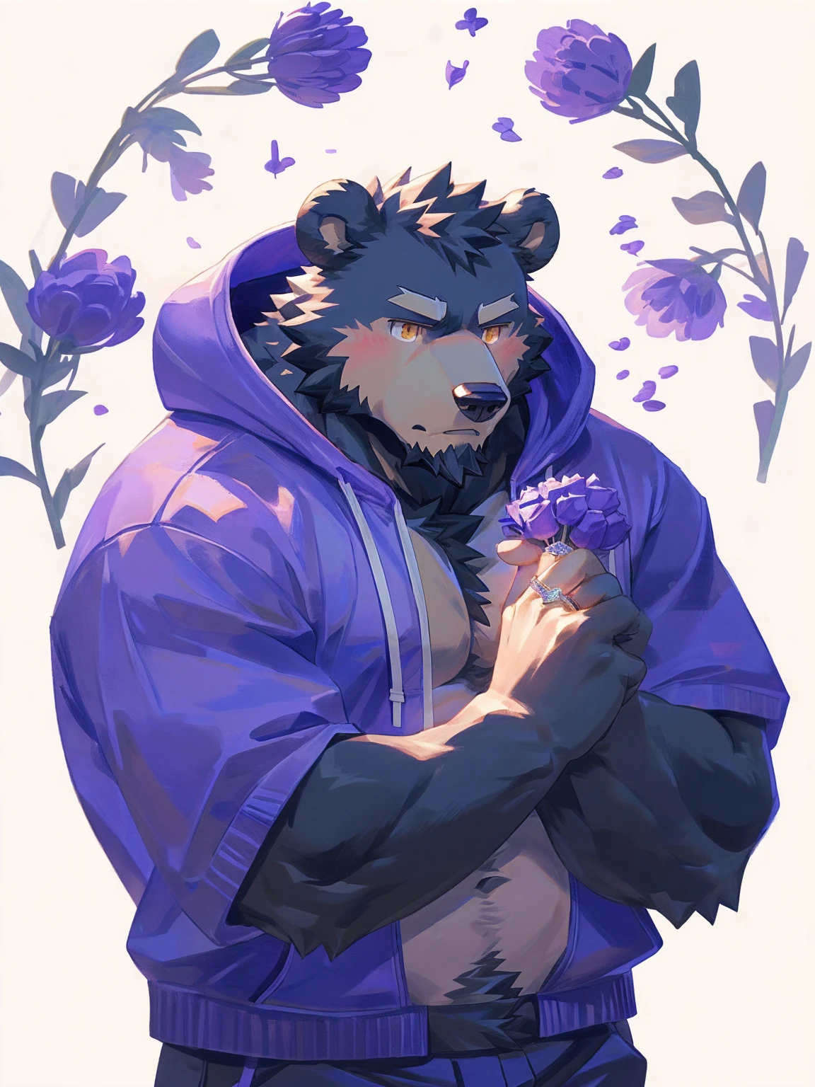 (masterpiece:1.2), best quality,pixiv,official art,perfect anatomy, (Ray tracing, light),solo, (1_male:1.3) , (muscle), (grey fur:1.4), (muscle bear), (beard:1.2), (gleaming golden eyes), bear tail, Thick black eyebrows, (open hoodie :1.3) , (naked inside:1.2), cargo pants, portrait , (white background:1.3), (holding lavender bouquet:1.3), unhappy