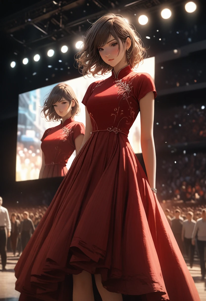 (best quality, 8k, masterpiece, highres, ultra-detailed), photorealistic, woman, stage, captivating presentation, flowing A-line dress, rich burgundy, subtle horizontal lines, accentuated waist, high neckline, elegance, loose textured waves, animated expression, passion, expertise, influence, blurred audience, spotlights, presentation screen, dramatic lighting, realistic skin.