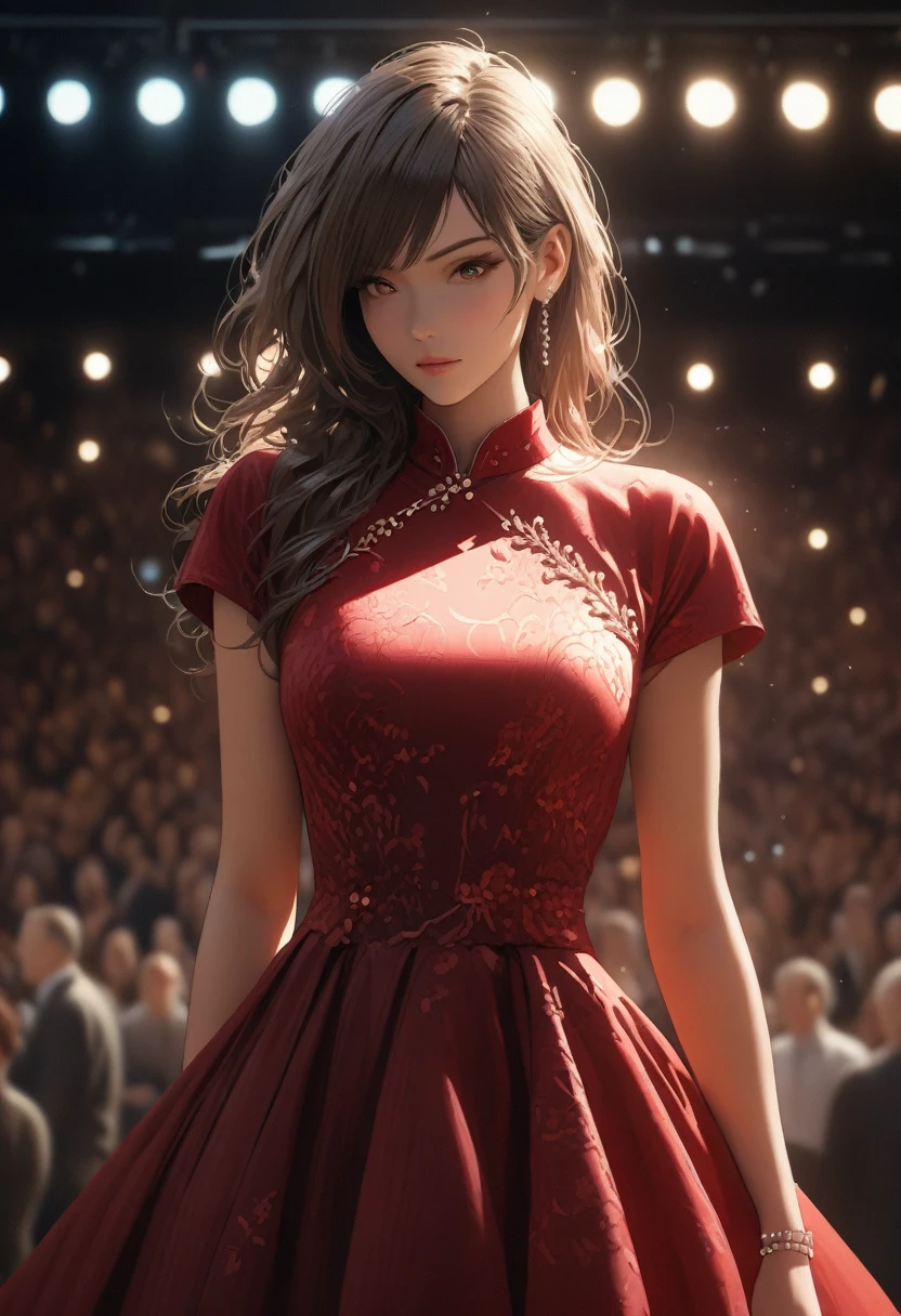 (best quality, 8k, masterpiece, highres, ultra-detailed), photorealistic, woman, stage, captivating presentation, flowing A-line dress, rich burgundy, subtle horizontal lines, accentuated waist, high neckline, elegance, loose textured waves, animated expression, passion, expertise, influence, blurred audience, spotlights, presentation screen, dramatic lighting, realistic skin.