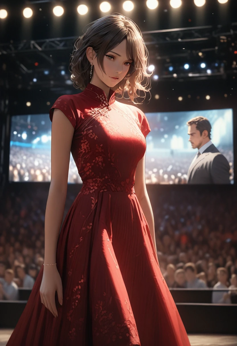 (best quality, 8k, masterpiece, highres, ultra-detailed), photorealistic, woman, stage, captivating presentation, flowing A-line dress, rich burgundy, subtle horizontal lines, accentuated waist, high neckline, elegance, loose textured waves, animated expression, passion, expertise, influence, blurred audience, spotlights, presentation screen, dramatic lighting, realistic skin.