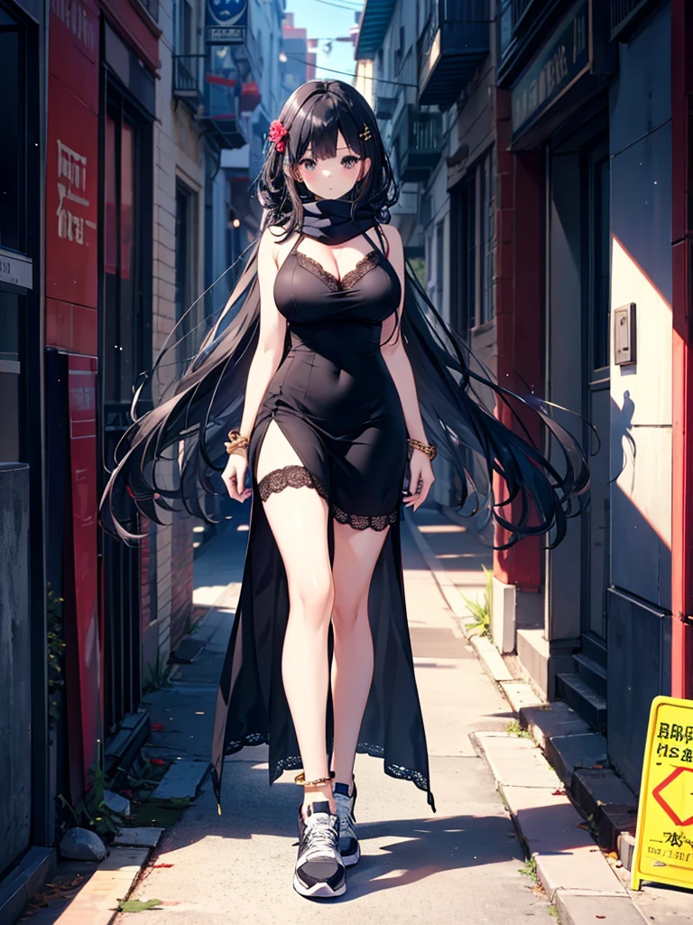 (Masterpiece、Ultra-high resolution、Detailed expression、Beautiful depiction、8k、Highest quality、Artwork:1.2)、(Giant:1.3)、Beauty、whole body、Beautifully detailed face、Over the city、A towering presence、Black Hair、skyscraper