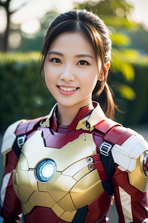 (a gorgeous lady, wearing the Iron Man MK 7 Suit, natural pose in Sunrise, dimpled smile, short ponytail, cute snaggleooth, beautiful detailed eyes, photorealistic, hyper-realism, high contrast, ultra HD, realistic skin textures, top image quality, top-quality, super high resolution, fine details, very meticulously, the Cowboy shot, bokeh background)