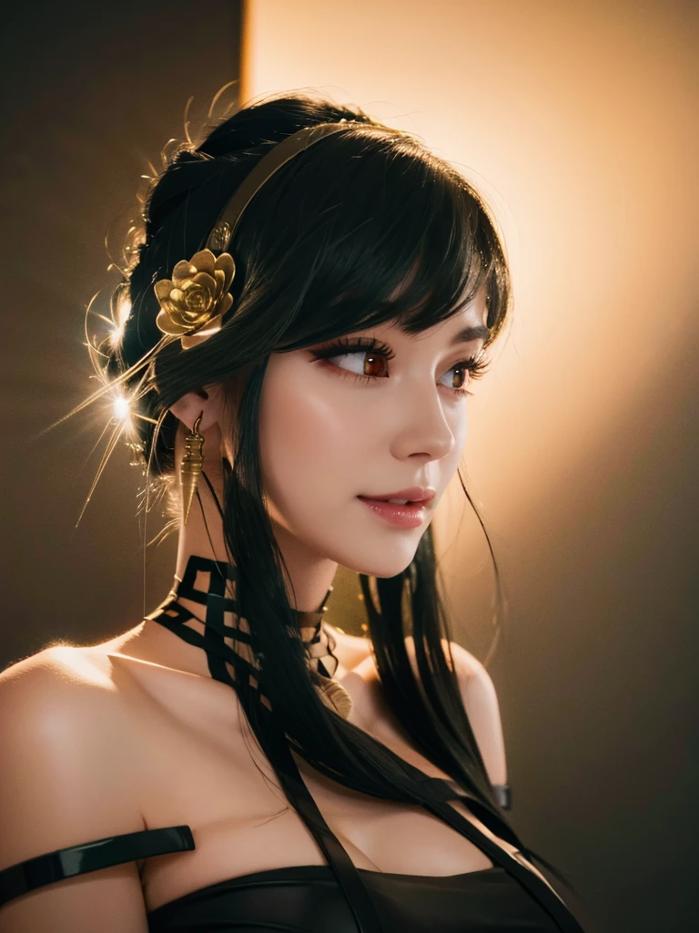 a beautiful woman, perfect figure, narrow waist, long chestnut hair, beautiful eyes, long eyelashes, lustrous lips, beautiful skin, beautiful smile, fashion model, attractive clothing, beautiful ornaments, black dress, cinematic scene, full moon night sky, (best quality,4k,8k,highres,masterpiece:1.2),ultra-detailed,(realistic,photorealistic,photo-realistic:1.37)
