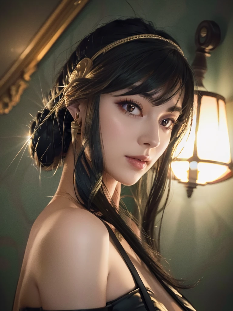 a beautiful woman, perfect figure, narrow waist, long chestnut hair, beautiful eyes, long eyelashes, lustrous lips, beautiful skin, beautiful smile, fashion model, attractive clothing, beautiful ornaments, black dress, cinematic scene, full moon night sky, (best quality,4k,8k,highres,masterpiece:1.2),ultra-detailed,(realistic,photorealistic,photo-realistic:1.37)