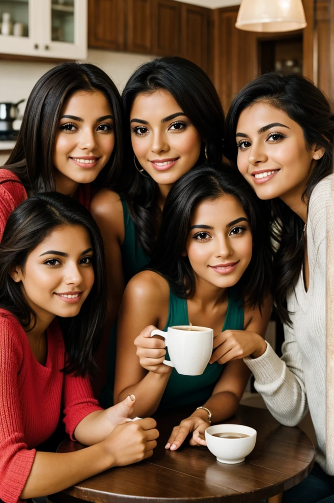 Sensual Mexican girl drinking coffee with friends