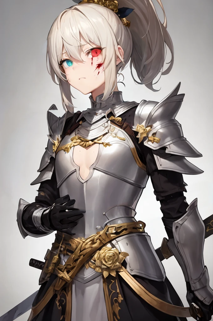 Female Knight,High Ponytail,blond,Heterochromia(Left Gold and White),The main body is silver-white, with some blue embellishments. The armor is slightly damaged.,The chest is decorated with a carved dark gold rose,The helmet is held at the waist,Scars on the face,Blood stains on armor,,Style tends to be two-dimensional,Use more cool colors,Dark Style,Face the lens,Tears in the eyes,There are some blood stains on the face