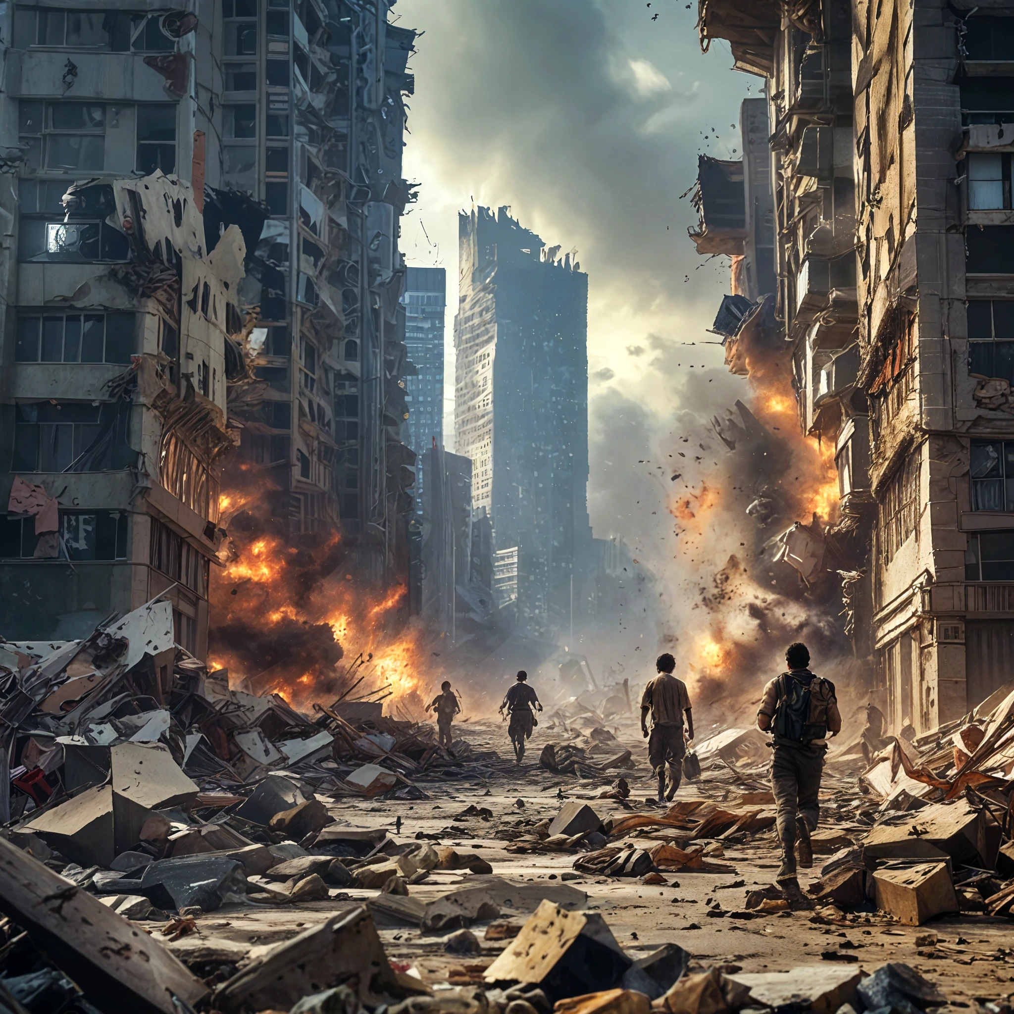 City in destruction with desperate people running, Fear planet being destroyed