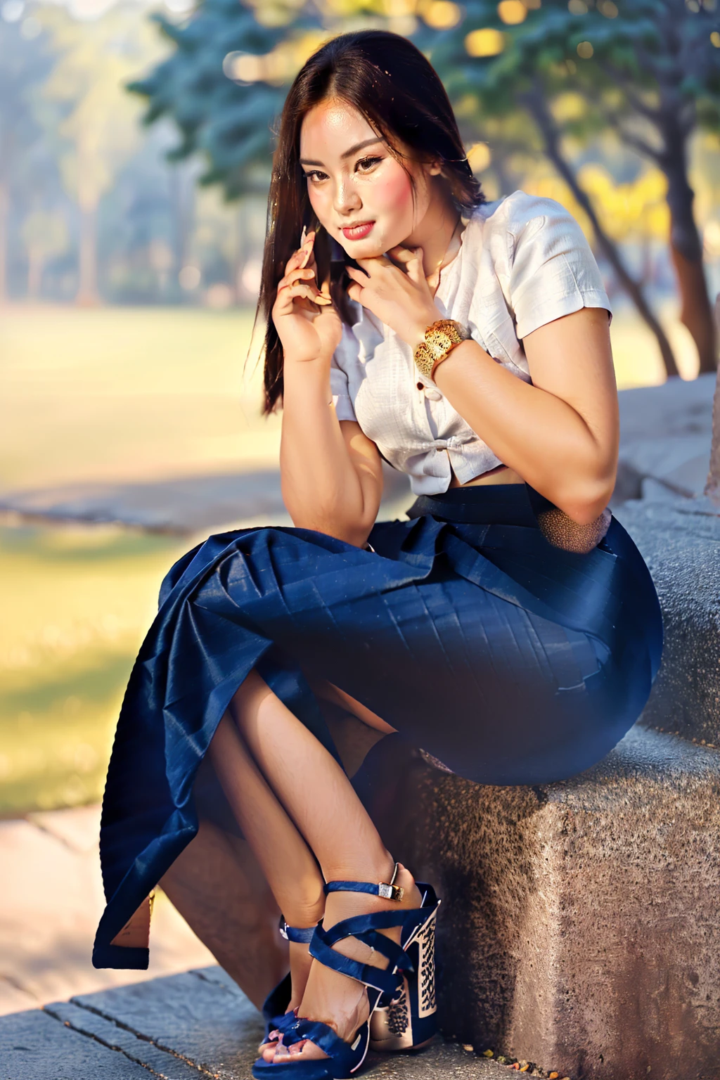 arafed asian woman in a satin dress standing in front of a crowd, (((full body view:2))), ((pretty lady MoonLay:1.2)), (pretty lady MoonLay), ((((pretty lady MoonLay's innocent cute face and cute small smile:1.3)))), ((stylish seductive sitting for photography:1.5)), ((((hands on thighs:2))), ((wearing Myanmar traditional elegant and stylish affair:1.2)), ((super curvy and wide buttock)), ((white shirt:1.6)), ((red satin skirt:1.6)), ((blue sandal high heel:1.3)), south east asian with square face, traditional beauty, beautiful asian girl, anime thai girl, a young beautiful asian woman, (((photorealistic background))), ((in a beautiful park with vibrant colorful trees background:1.5)), ((cinematic star shaped bokeh background blur:1.7)), (((photorealistic cloudy evening sky with golden sunlight15))), (cinematic enhance HDR portrait glow lighting))), perfect anatomy, cannon mark v, DSLR quality, (perfect anatomy), (perfect toes), (perfect hands), (realistic smartphone), (realistic sitting pose)