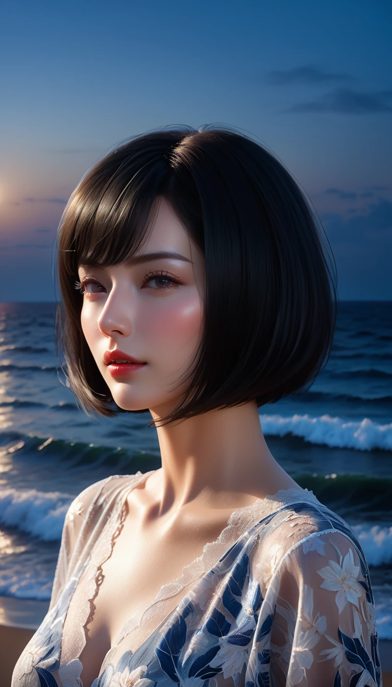 4K resolution,8K resolution,beautiful,Highest quality,Absolutely wonderful,Very detailed,Ultra-high resolution,masterpiece,Realistic,Realistic,Increased depth of field,Cinematic Light,
One sexy mature woman,
Black bob cut short hair,精巧なディテールのbeautiful顔,Moist eyes,Sensual look,Glossy skin make-up,Transparent white skin,Very sensitive skin,Great proportions,Slender body,Anatomically correct body,
Summer Beach Dress,Summery design,Beautifully detailed pattern,Detailed cloth texture,
Romantic seaside scenery,Dark night sky,Coastline stretching to the horizon,Deserted beach,Dark sea surface,
Cinematic Angle,