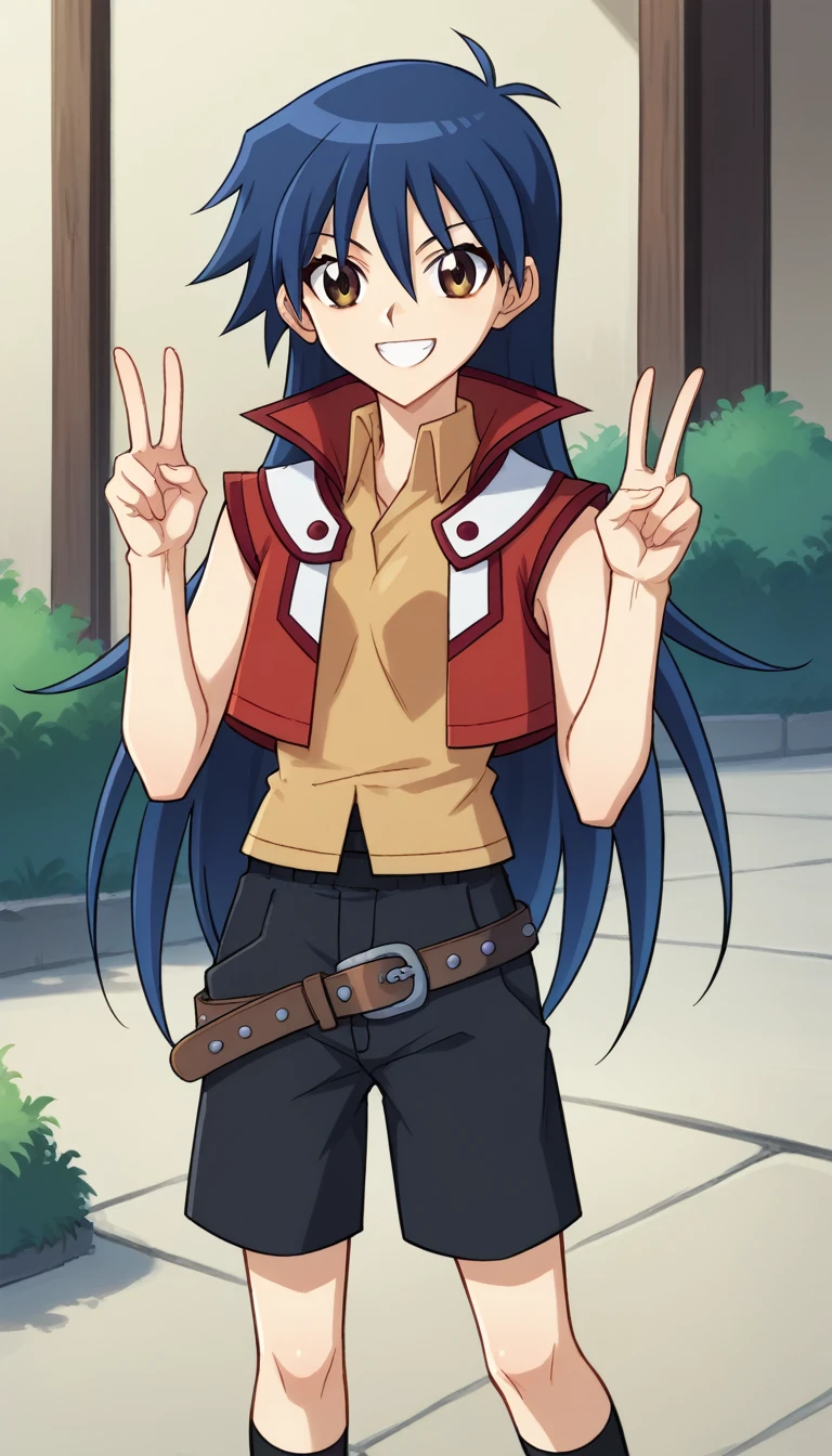 Outdoor,
Blairf, One girl,alone, Long Hair, Blue Hair, Sleeveless jacket, Sleeveless shirt, Brown eyes, Grin, Tea belt, Hair between the eyes, View your viewers, Black knee socks, Are standing, Black shorts,Cowboy Shot,Double V, ,skinny, Anime screenshots, Anime Coloring, Official Art,((whole body))
