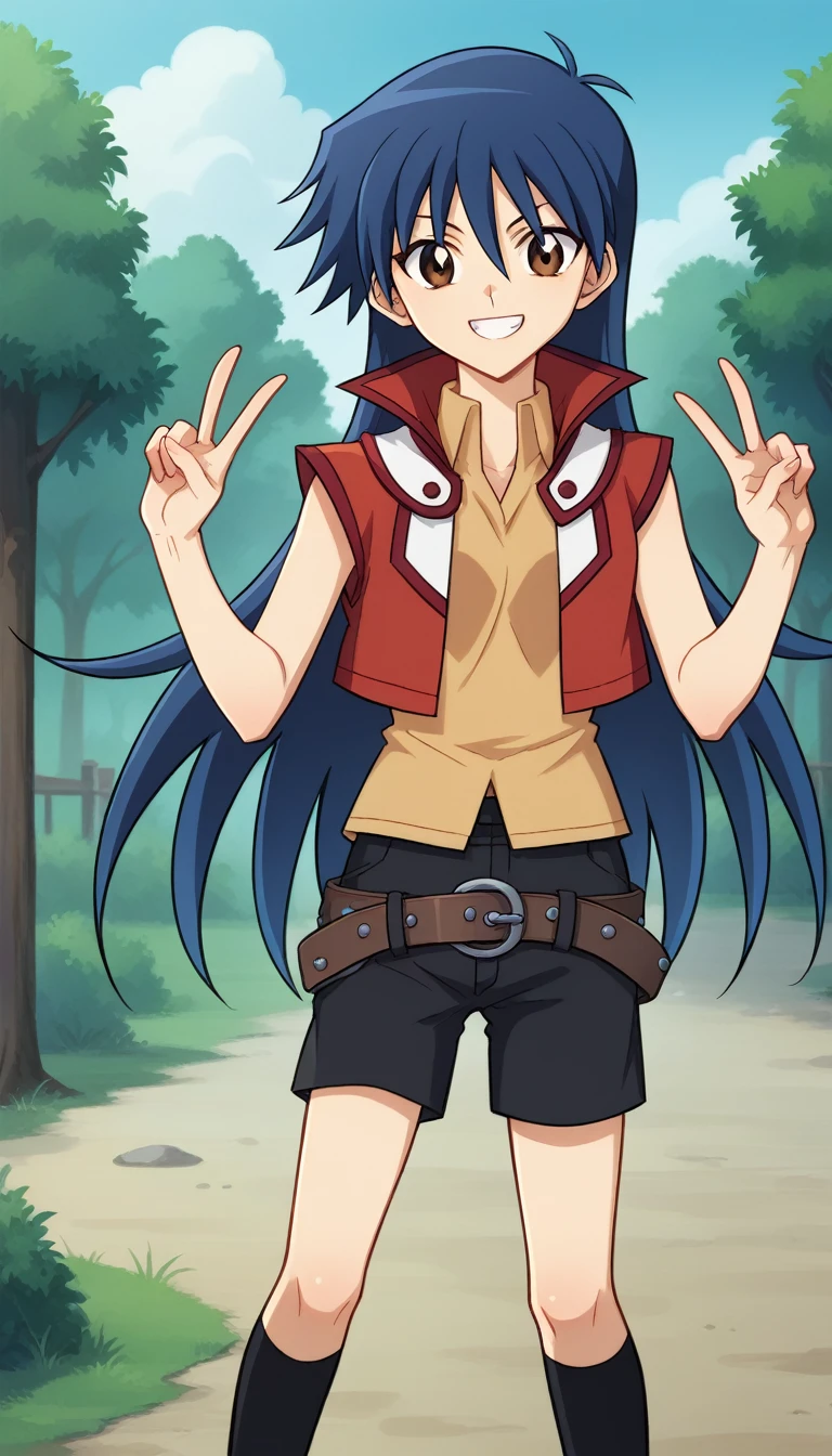Outdoor,
Blairf, One girl,alone, Long Hair, Blue Hair, Sleeveless jacket, Sleeveless shirt, Brown eyes, Grin, Tea belt, Hair between the eyes, View your viewers, Black knee socks, Are standing, Black shorts,Cowboy Shot,Double V, ,skinny, Anime screenshots, Anime Coloring, Official Art,((whole body))