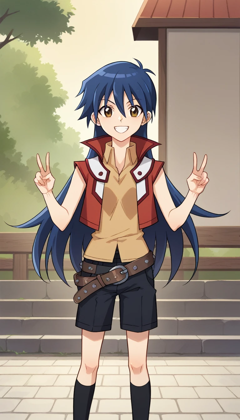 Outdoor,
 Blairf, One girl,alone, Long Hair, Blue Hair, Sleeveless jacket, Sleeveless shirt, Brown eyes, Grin, Tea belt, Hair between the eyes, View your viewers, Black knee socks, Are standing, Black shorts,Cowboy Shot,Double V, ,skinny, Anime screenshots, Anime Coloring, Official Art,((whole body))