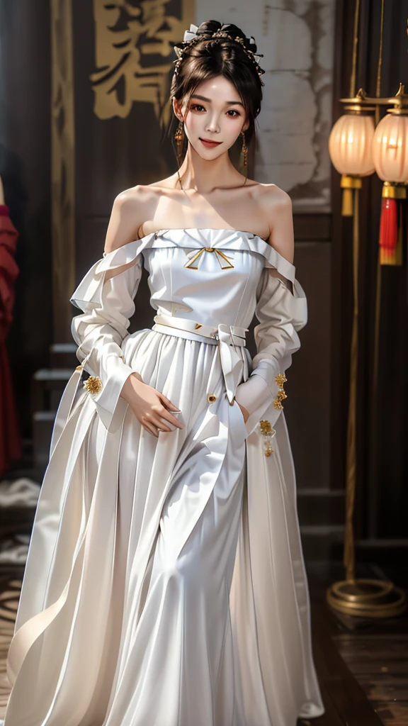 Girl in traditional Chinese clothing, Hanfu, Guzhen Hanfu women, White Hanfu,long straight black hair, black eyes, black bun hairstyle, hair accessories ,white diamond earrings, Bangle Diameter, Dia Necklace, Clear eyes, Facing forward,put on makeup, Long eyelashes ,(Long shoulder coat:1.5), (long white skirt:1.5), ((Whole body)), ((from below))ฃ, Clear face, , (Very beautiful face, Beautiful mouth, beautiful eyes), detailed face, ((Ultra-fine skin)), In the dark, deep shadows, an ancient Chinese girl (Very slim figure 1.3) ,Plump breasts, sexy slender legs elegant posture (smile brightly) ,(slum:1.5),