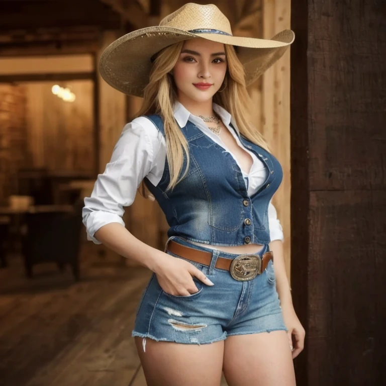 Aaraf woman wearing a cowboy hat and denim overalls poses for a photo., Photo of a thin girl model, fashion model, korean women's fashion model, beautiful female model, sexy style, Wear a camisole and boots., Thin waist and thick hips, Photo of a thin girl, Wear simple, tight-fitting clothing., beautiful female model, Dilraba Dilmurat, cowgirl, สาวเกาหลีcowgirl, western cowgirl, female cowgirl, Abigail from Stardew Valley, cow girl, Ash from Overwatch, cowboy style, Extremely high quality model, with straw hat, ภาพถ่ายVery realistic, Very realistic, Realistic cosplay, Photo of a thin young model