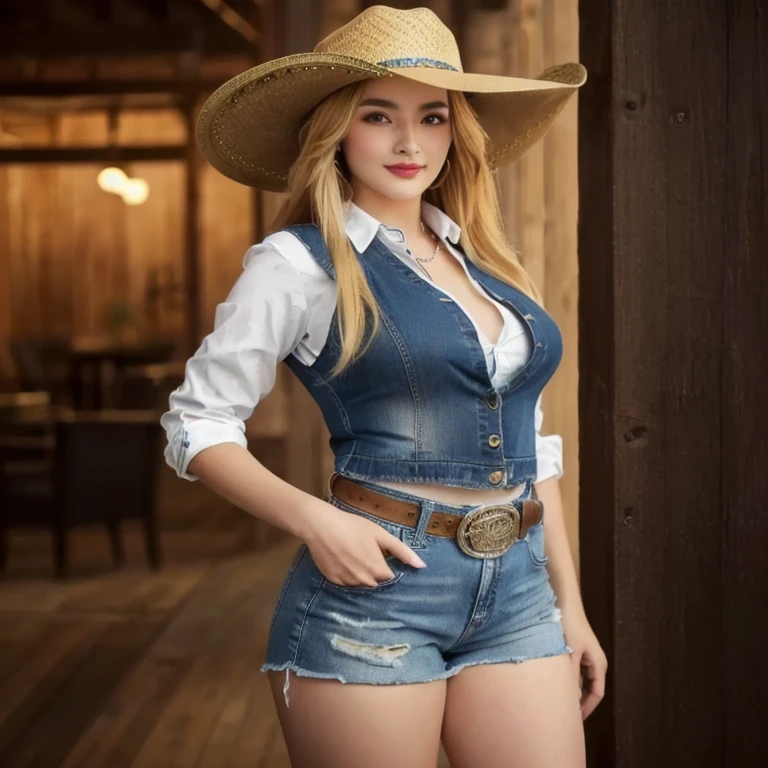 Aaraf woman wearing a cowboy hat and denim overalls poses for a photo., Photo of a thin girl model, fashion model, korean women's fashion model, beautiful female model, sexy style, Wear a camisole and boots., Thin waist and thick hips, Photo of a thin girl, Wear simple, tight-fitting clothing., beautiful female model, Dilraba Dilmurat, cowgirl, สาวเกาหลีcowgirl, western cowgirl, female cowgirl, Abigail from Stardew Valley, cow girl, Ash from Overwatch, cowboy style, Extremely high quality model, with straw hat, ภาพถ่ายVery realistic, Very realistic, Realistic cosplay, Photo of a thin young model