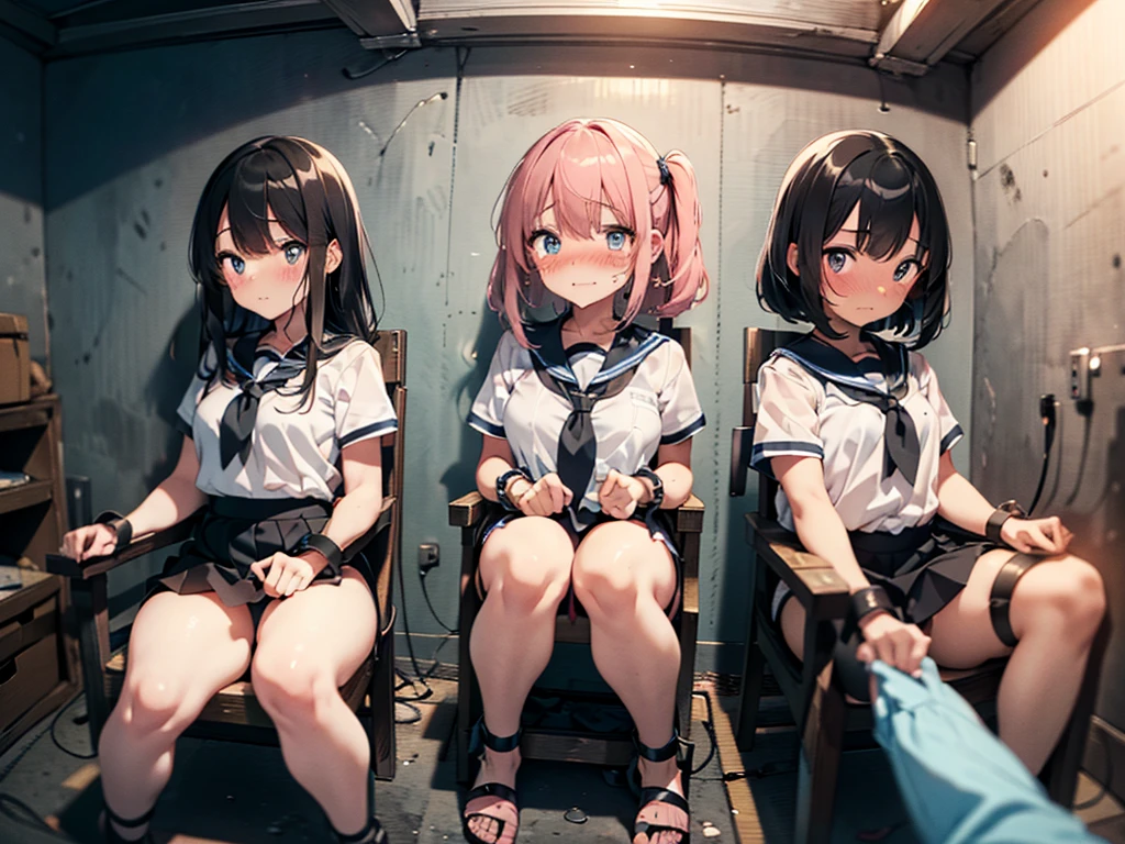 3 girls, (blushing:1.5), (open legs:1.5), (blushing, terrified, crying), tied to chairs, strapped to chairs, (tight clothing, short sleeve, mini-skirt, sailor uniform, shoeless), ((inside basement, torture room)), long hair, (wrist cuffs, ankle cuffs, wrists tied, ankles tied), arms to the sides, perfect body, big chest, big thighs, detailed face, focus on face, cute eyes, beautiful eyes, detailed eyes