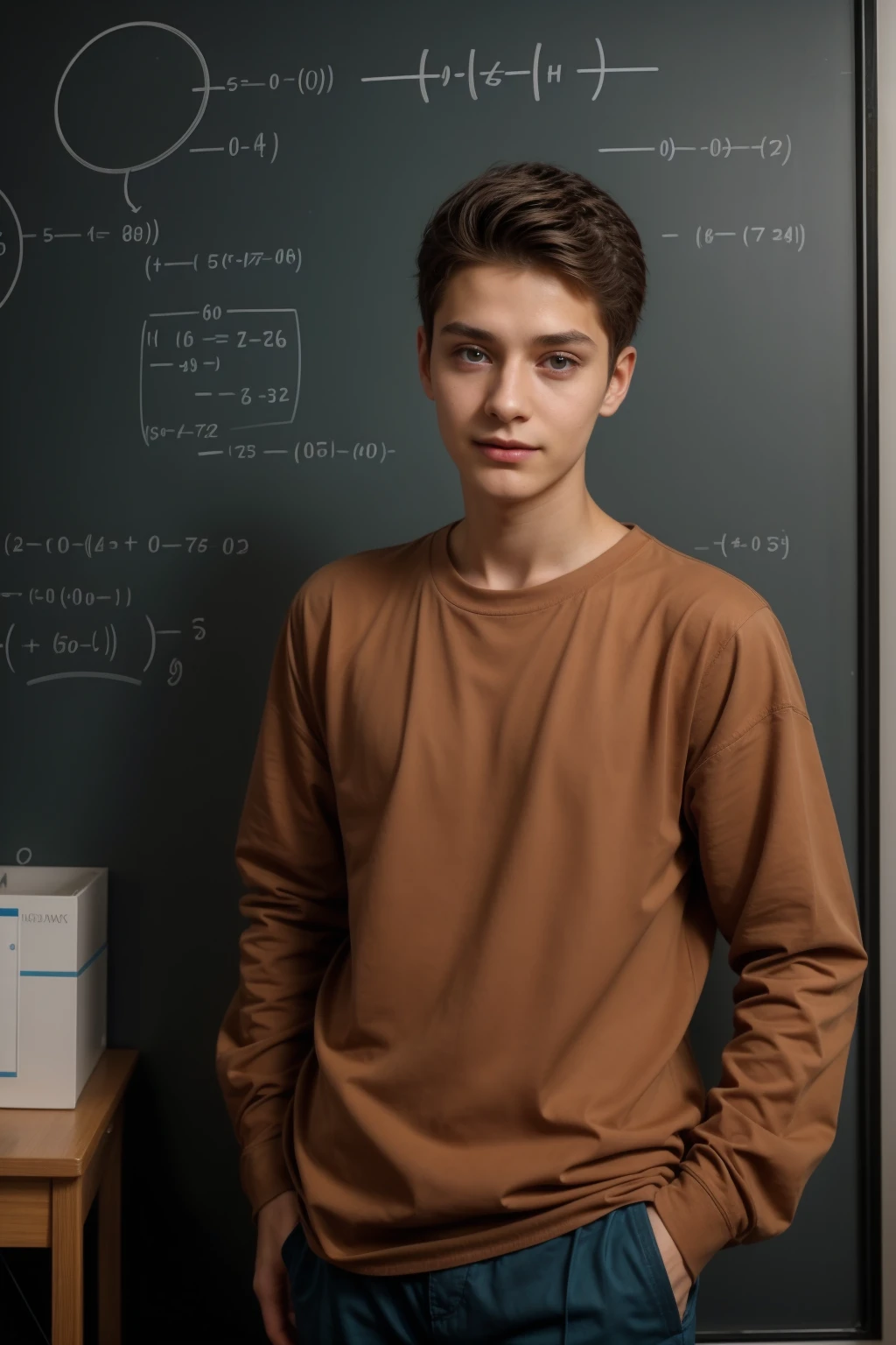 A beautiful young man, a cute male twink, with black hair, a face with reddish make-up, wearing a brown long-sleeved shirt and aqua blue pants. He is in his scientific medical office, and behind him is a blackboard with calculus and mathematical equations written on it, and he looks on proudly.